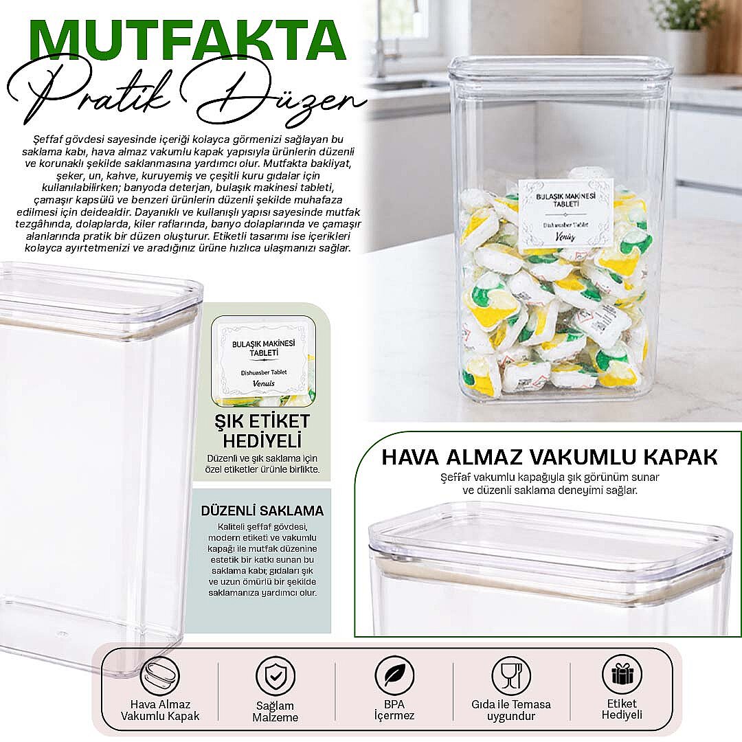 3 Lt Vakum Kapaklı Tablet Deterjan Kutusu – Etiketli Bulaşık Makinesi Tableti Saklama Kabı - 2
