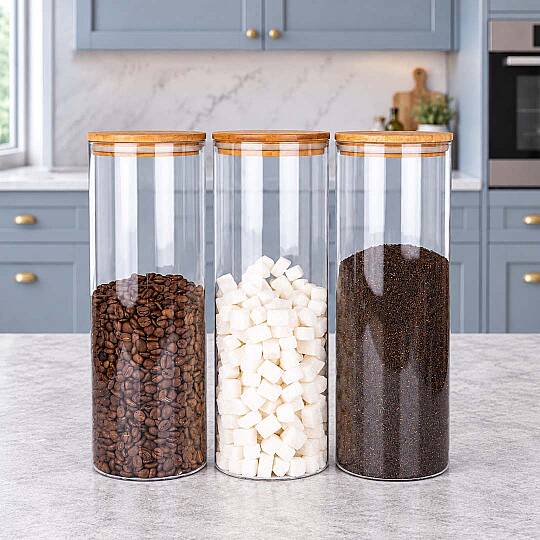 3'lü 2200 ml Jumbo Borosilikat Cam Erzak Kavanozu – Bambu Vakum Kapaklı Spagetti Makarna Saklama Kabı