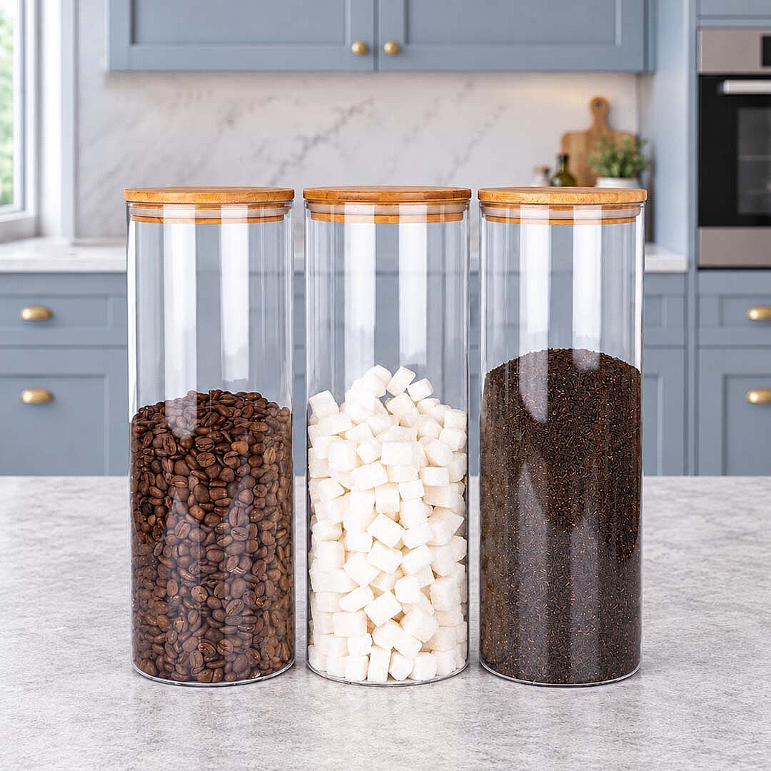 3'lü 2200 ml Jumbo Borosilikat Cam Erzak Kavanozu – Bambu Vakum Kapaklı Spagetti Makarna Saklama Kabı - 1