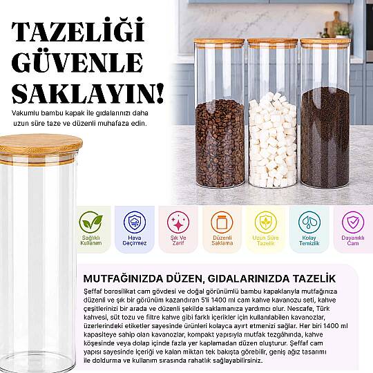 3'lü 2200 ml Jumbo Borosilikat Cam Erzak Kavanozu – Bambu Vakum Kapaklı Spagetti Makarna Saklama Kabı - 2