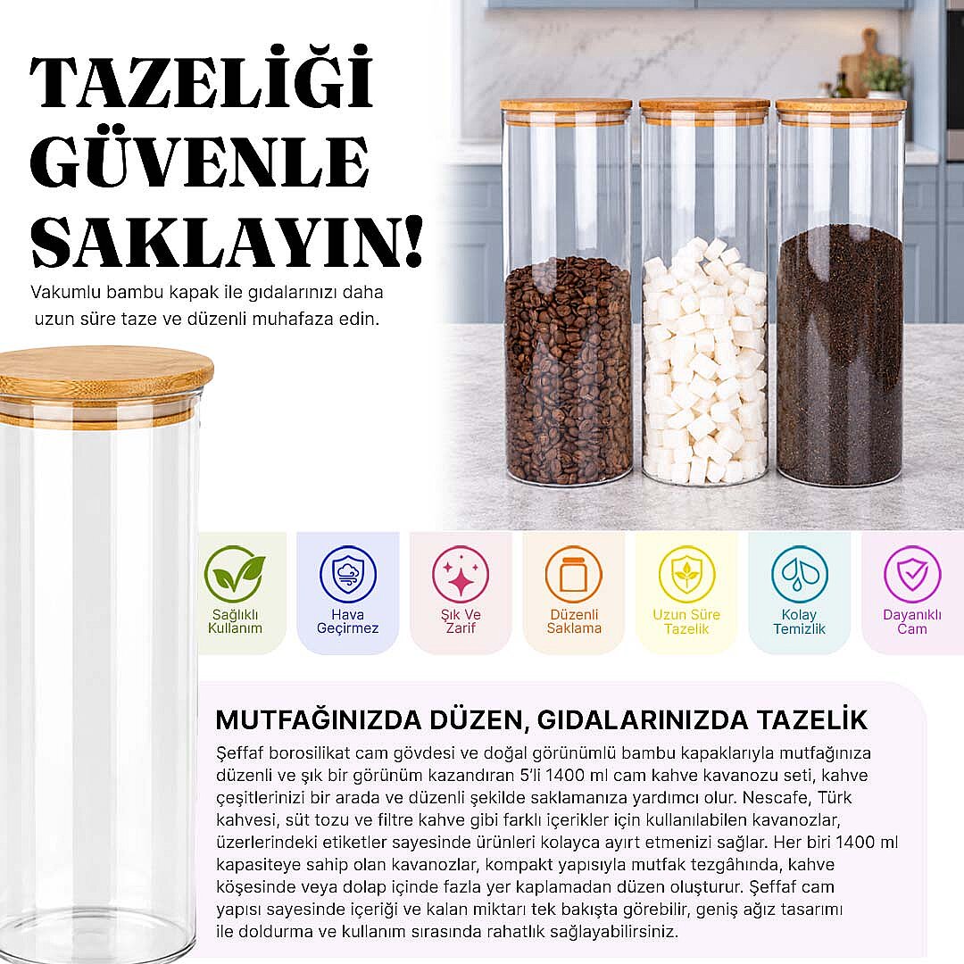 3'lü 2200 ml Jumbo Borosilikat Cam Erzak Kavanozu – Bambu Vakum Kapaklı Spagetti Makarna Saklama Kabı - 2