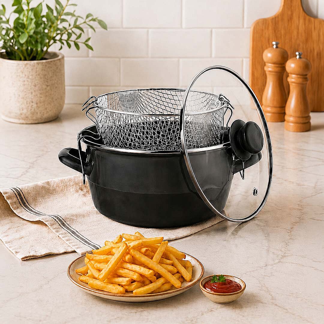3 Parça Emaye Kızartma Tenceresi - 26 cm Fritöz - Süzgeç Aparatlı Patates & Sebze Kızartma Tenceresi - 1