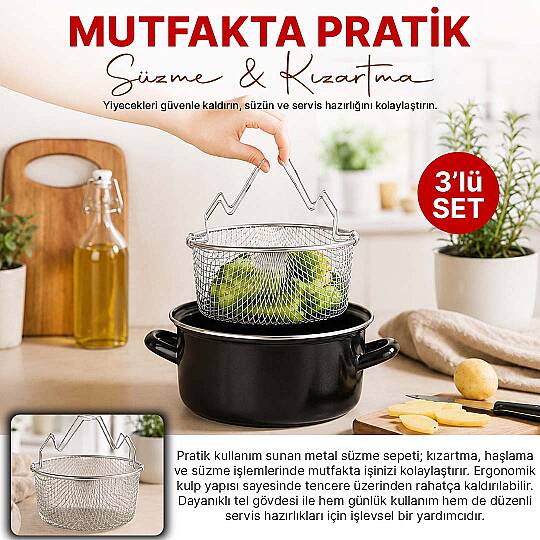 3 Parça Emaye Kızartma Tenceresi - 26 cm Fritöz - Süzgeç Aparatlı Patates & Sebze Kızartma Tenceresi - 2