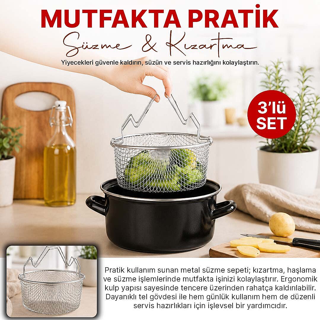 3 Parça Emaye Kızartma Tenceresi - 26 cm Fritöz - Süzgeç Aparatlı Patates & Sebze Kızartma Tenceresi - 2