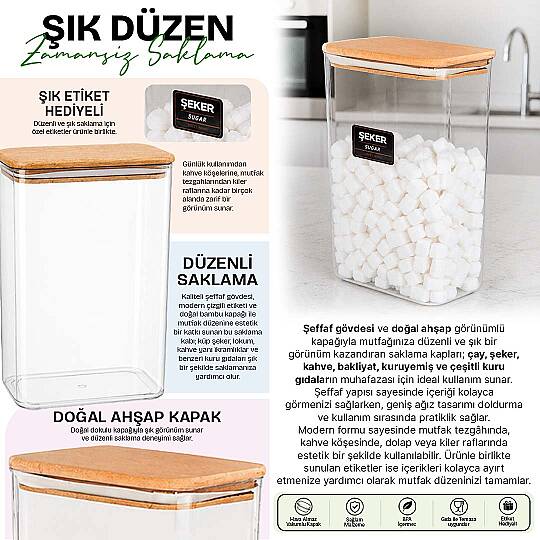 3000 ml Ahşap Vakum Kapaklı Akrilik Şeker Saklama Kabı – Büyük Boy Şeker Kavanozu Erzak Saklama Kutusu - 2