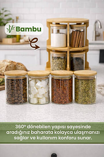 360° Dönen Standlı Baharatlık Seti - 6’lı Bambu Kapaklı Borosilikat Cam Kavanoz Baharat Takımı 350ml - 2