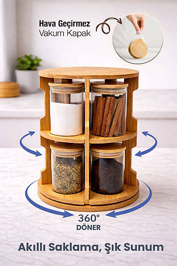 360° Dönen Standlı Baharatlık Seti - 6’lı Bambu Kapaklı Borosilikat Cam Kavanoz Baharat Takımı 350ml - 3