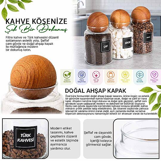 3'lü 1000 ml Ahşap Top Kapaklı Erzak Kavanozu Seti – Çay Kahve Şeker Saklama Kavanozu - 2
