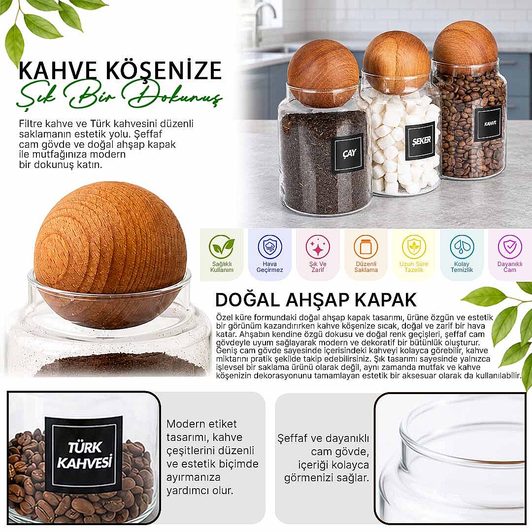3'lü 1000 ml Ahşap Top Kapaklı Erzak Kavanozu Seti – Çay Kahve Şeker Saklama Kavanozu - 2