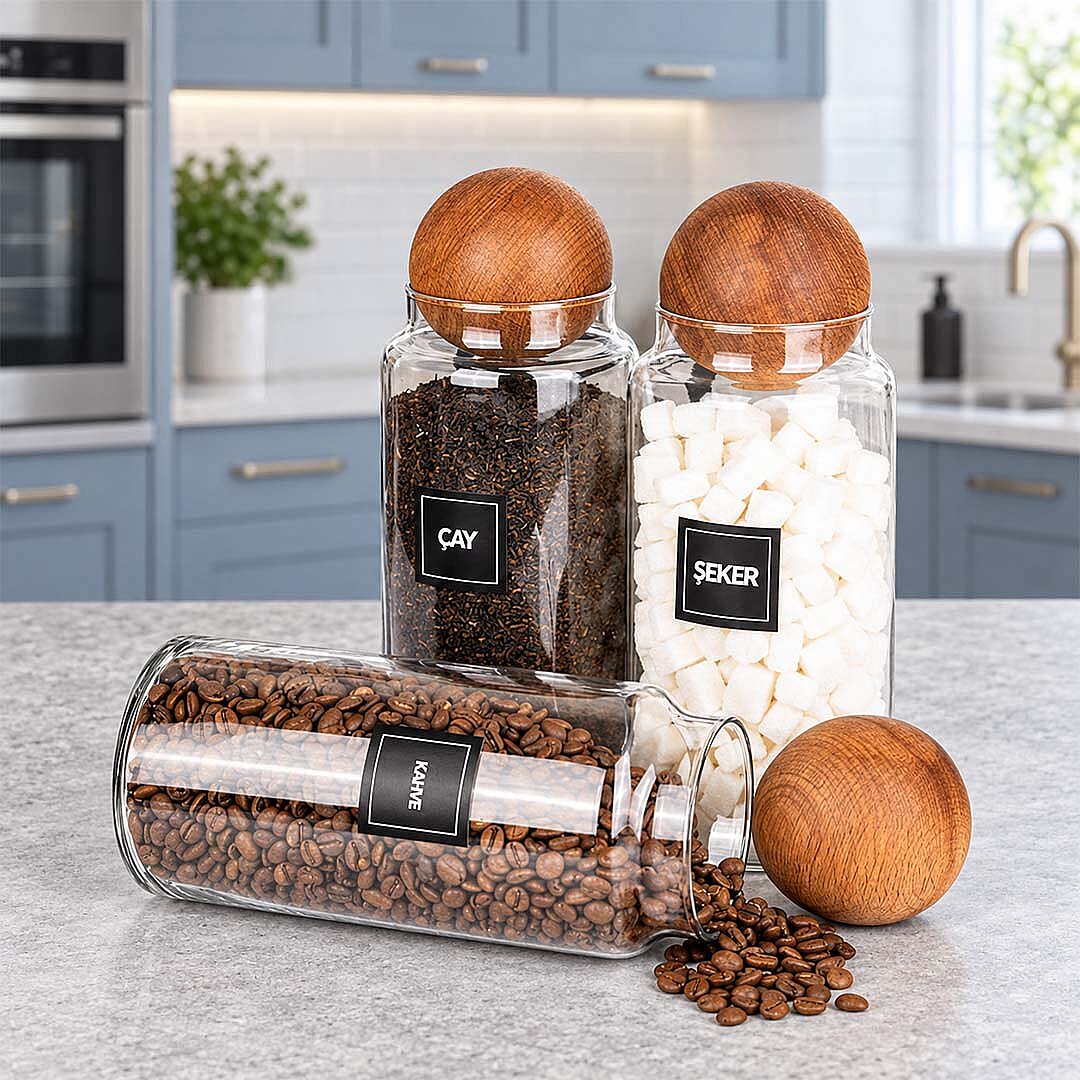3'lü 1400 ml Ahşap Top Kapaklı Erzak Kavanozu Seti – Çay Kahve Şeker Saklama Kavanozu - 1