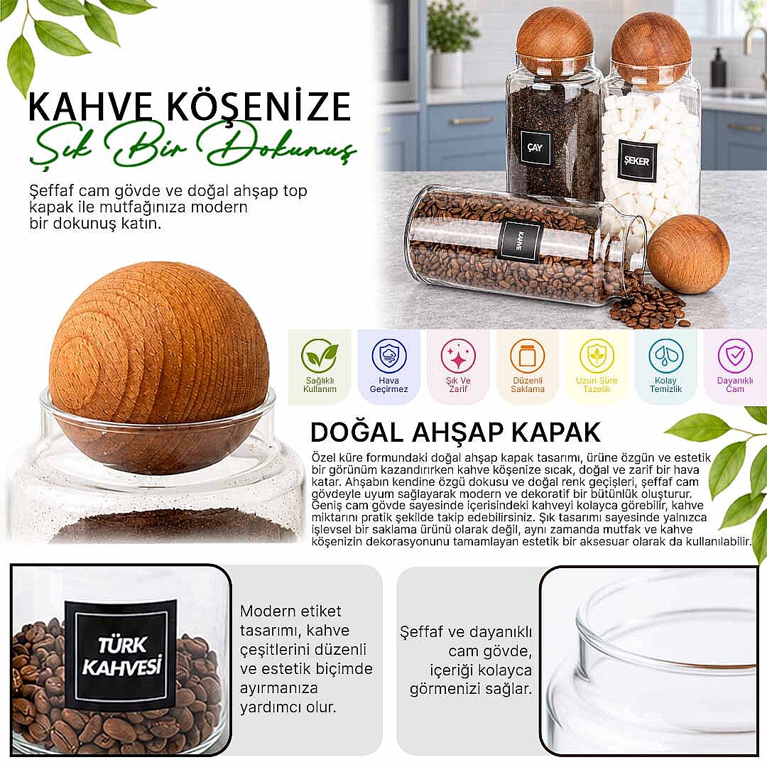 3'lü 1400 ml Ahşap Top Kapaklı Erzak Kavanozu Seti – Çay Kahve Şeker Saklama Kavanozu - 2