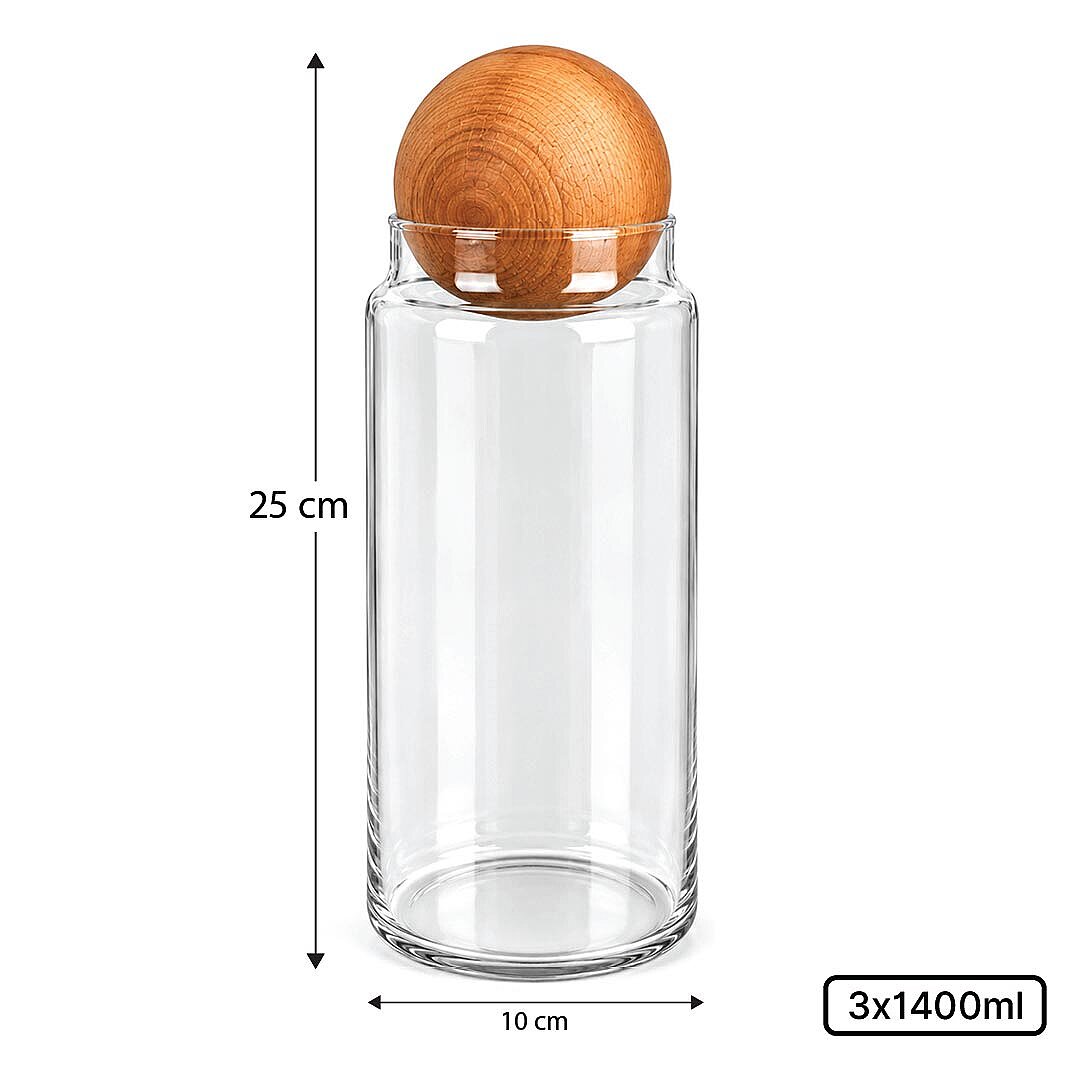 3'lü 1400 ml Ahşap Top Kapaklı Erzak Kavanozu Seti – Çay Kahve Şeker Saklama Kavanozu - 3