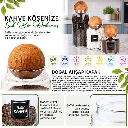 3'lü Ahşap Top Kapaklı Cam Çay Kahve Şeker Kavanozu Seti – 600 1000 1400 ml Erzak Saklama Kabı - 2