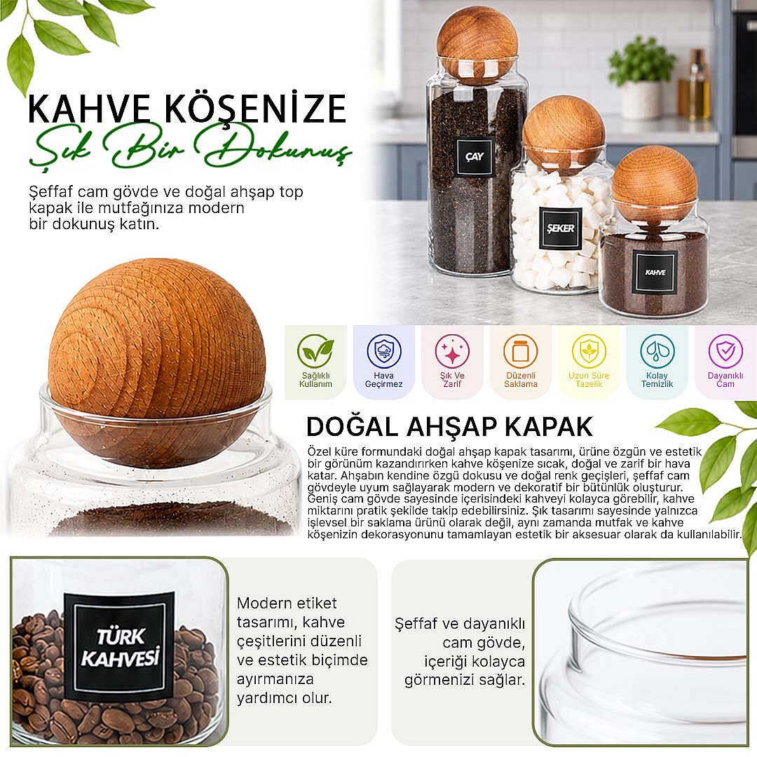 3'lü Ahşap Top Kapaklı Cam Çay Kahve Şeker Kavanozu Seti – 600 1000 1400 ml Erzak Saklama Kabı - 2