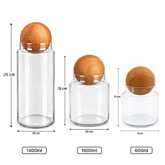 3'lü Ahşap Top Kapaklı Cam Çay Kahve Şeker Kavanozu Seti – 600 1000 1400 ml Erzak Saklama Kabı - 3