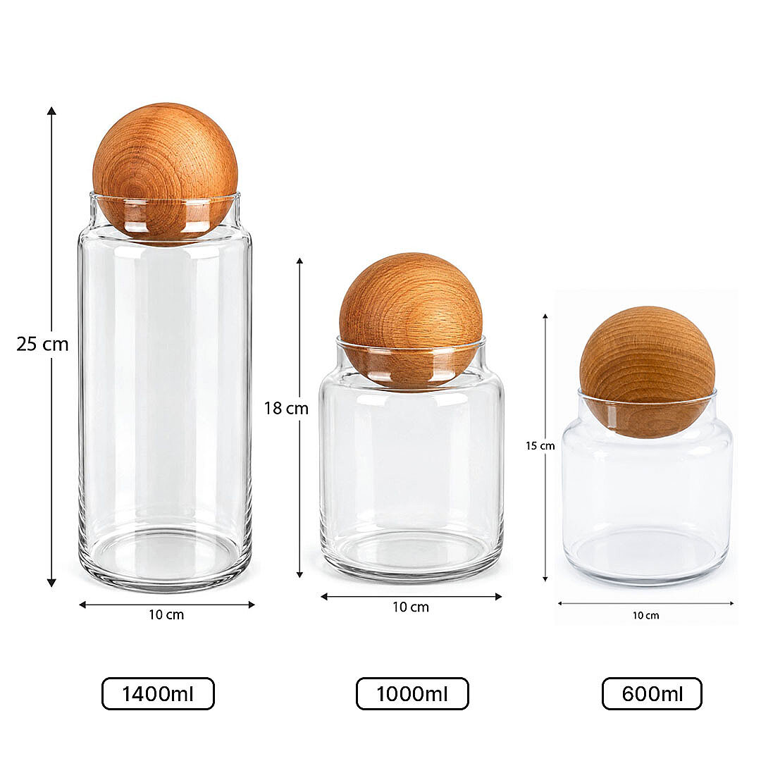 3'lü Ahşap Top Kapaklı Cam Çay Kahve Şeker Kavanozu Seti – 600 1000 1400 ml Erzak Saklama Kabı - 3
