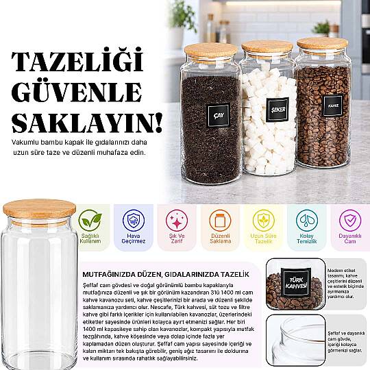 3'lü 1400 ml Ahşap Vakum Kapaklı Erzak Kavanozu Seti – Çay Kahve Şeker Saklama Kavanozu - 2