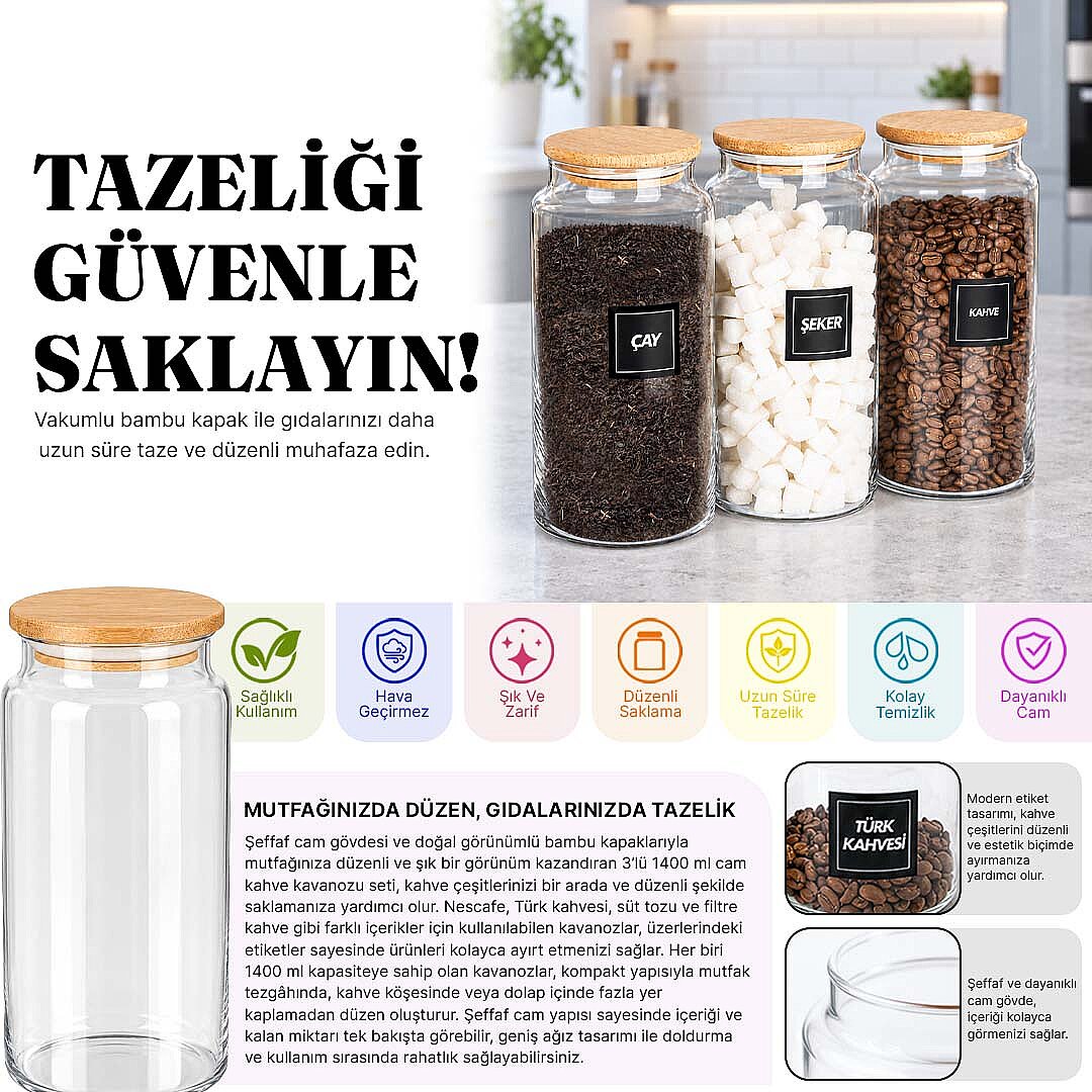 3'lü 1400 ml Ahşap Vakum Kapaklı Erzak Kavanozu Seti – Çay Kahve Şeker Saklama Kavanozu - 2