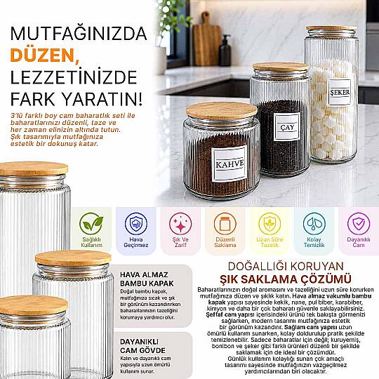3'lü Ahşap Vakum Kapaklı Cam Çay Kahve Şeker Kavanozu Seti – 600 900 1400 ml Erzak Saklama Kabı - 2