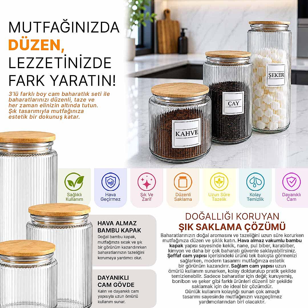 3'lü Ahşap Vakum Kapaklı Cam Çay Kahve Şeker Kavanozu Seti – 600 900 1400 ml Erzak Saklama Kabı - 2