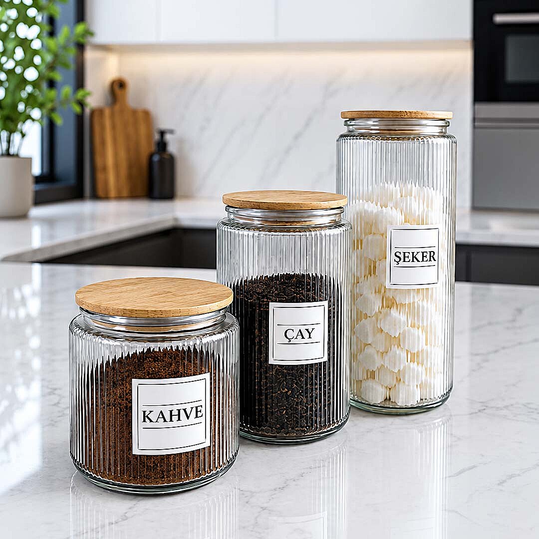 3'lü Ahşap Vakum Kapaklı Cam Çay Kahve Şeker Kavanozu Seti – 600 900 1400 ml Erzak Saklama Kabı - 1
