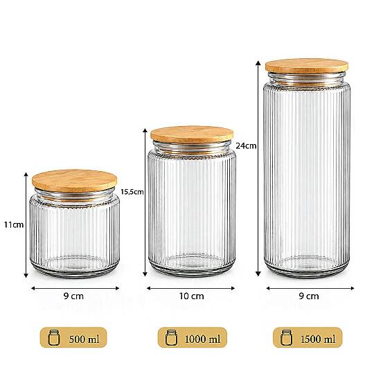 3'lü Ahşap Vakum Kapaklı Cam Çay Kahve Şeker Kavanozu Seti – 600 900 1400 ml Erzak Saklama Kabı - 3
