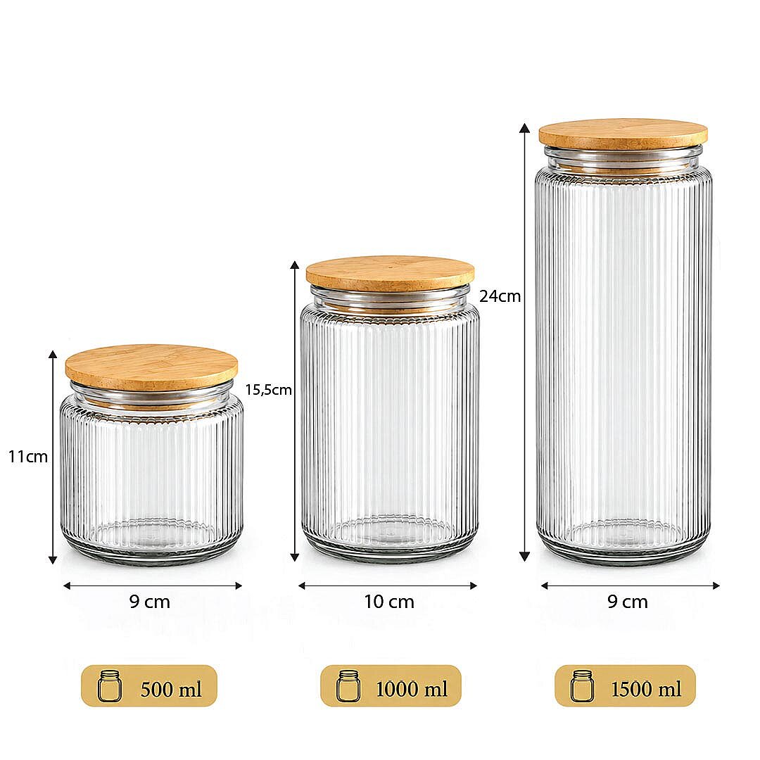 3'lü Ahşap Vakum Kapaklı Cam Çay Kahve Şeker Kavanozu Seti – 600 900 1400 ml Erzak Saklama Kabı - 3