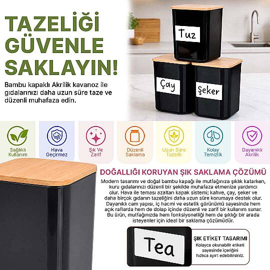 3'lü 900 ml Kare Akrilik Çay Şeker Tuz Saklama Kabı – Ahşap Vakum Kapaklı Erzak Kavanozu Seti - 2