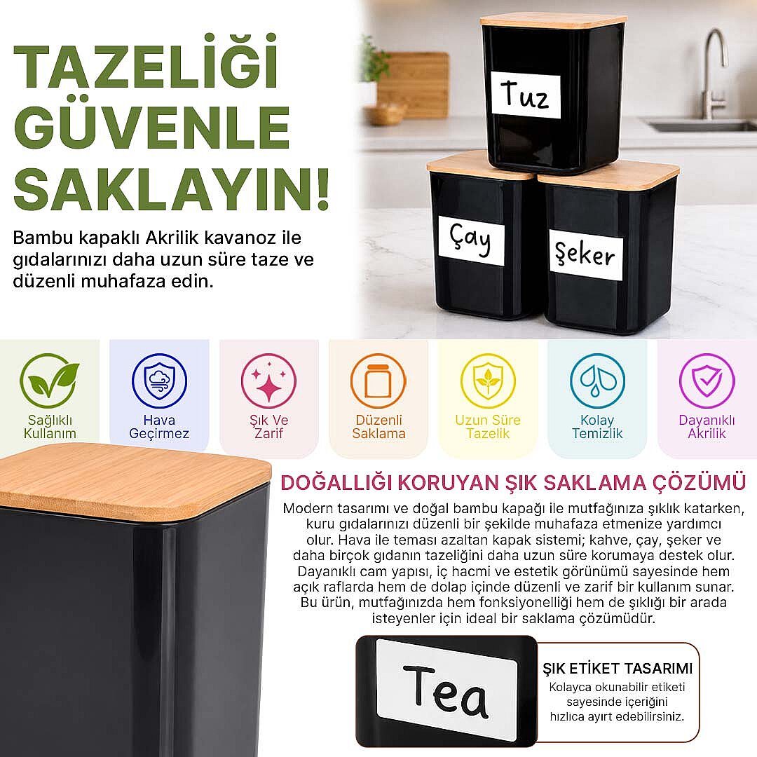 3'lü 900 ml Kare Akrilik Çay Şeker Tuz Saklama Kabı – Ahşap Vakum Kapaklı Erzak Kavanozu Seti - 2