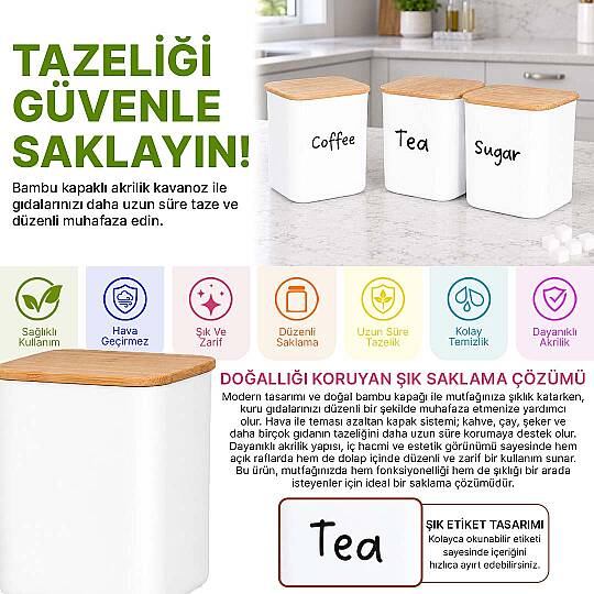 3'lü 900 ml Kare Akrilik Erzak Saklama Kabı Seti – Ahşap Vakum Kapaklı Çay Şeker Tuz Kutusu - 2