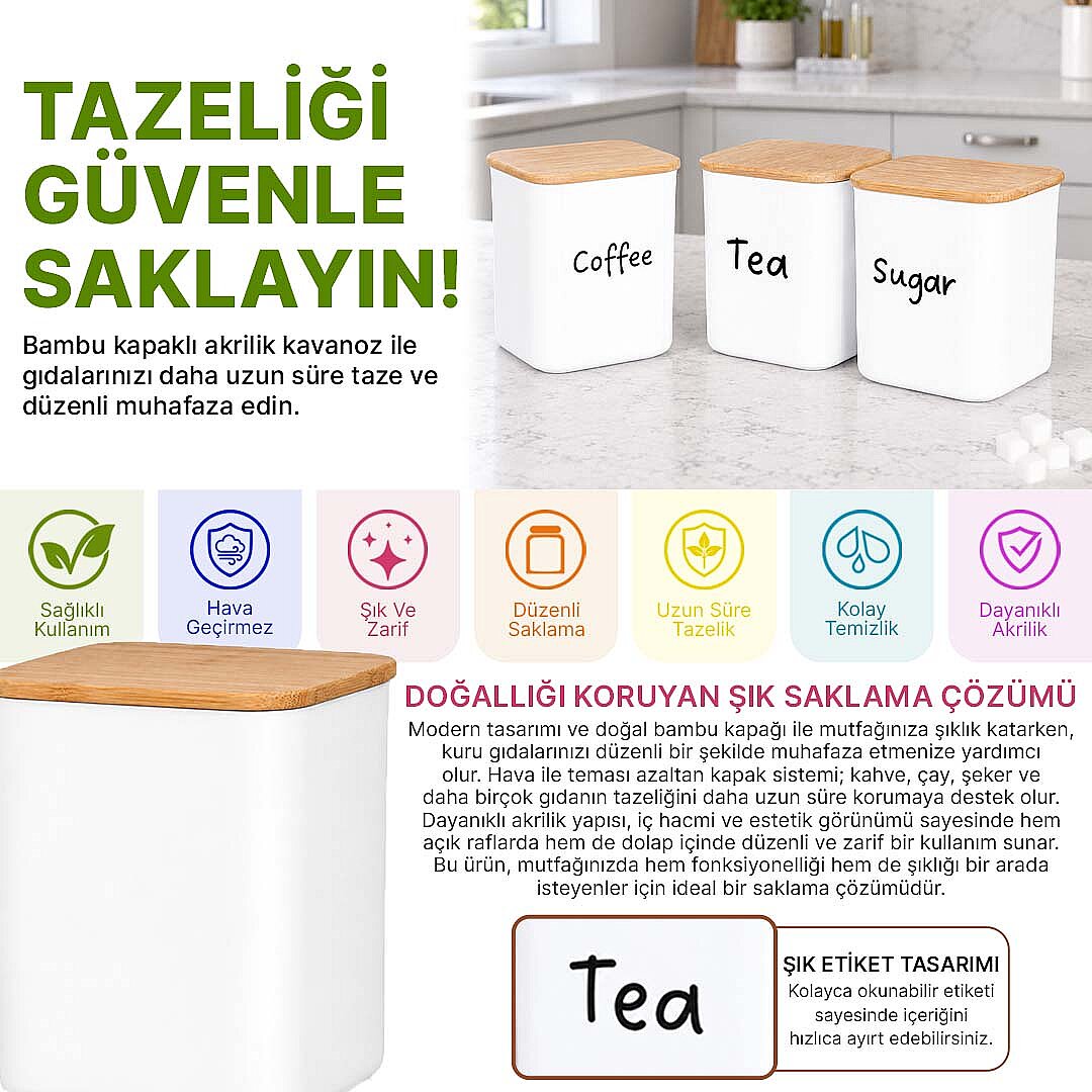3'lü 900 ml Kare Akrilik Erzak Saklama Kabı Seti – Ahşap Vakum Kapaklı Çay Şeker Tuz Kutusu - 2