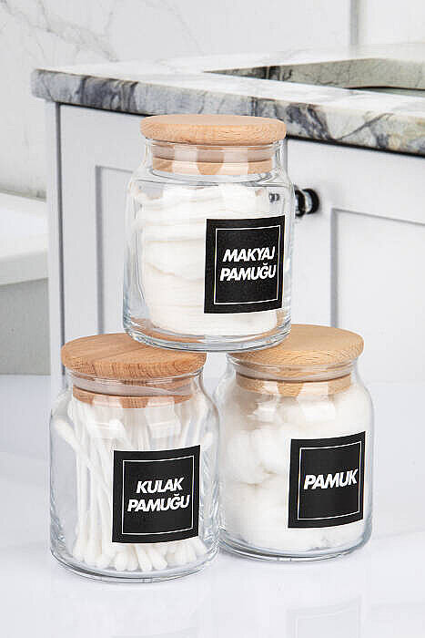 3'lü 300 ml Ahşap Vakum Kapaklı Pamukluk Seti – Kulak Pamuğu Makyaj Pamuğu ve Pamuk Saklama Kavanozu - 1