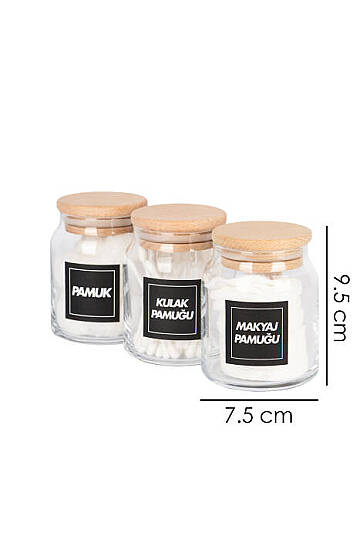 3'lü 300 ml Ahşap Vakum Kapaklı Pamukluk Seti – Kulak Pamuğu Makyaj Pamuğu ve Pamuk Saklama Kavanozu - 2