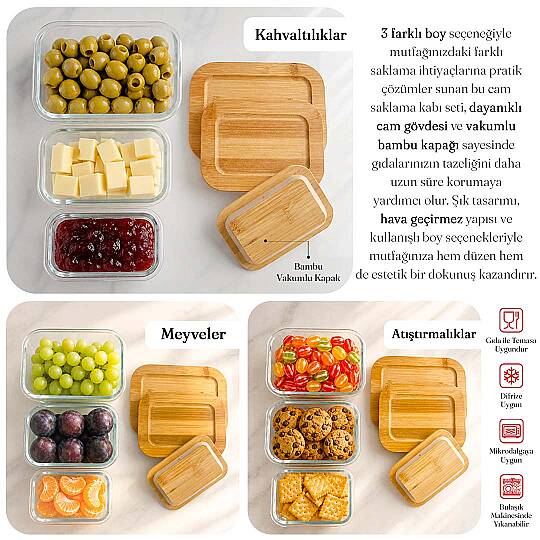3lü Bambu Kapaklı Cam Saklama Kabı Seti - Hava Almaz Vakumlu Borcam Yemek Kase Seti Difriz Uyumlu - 2