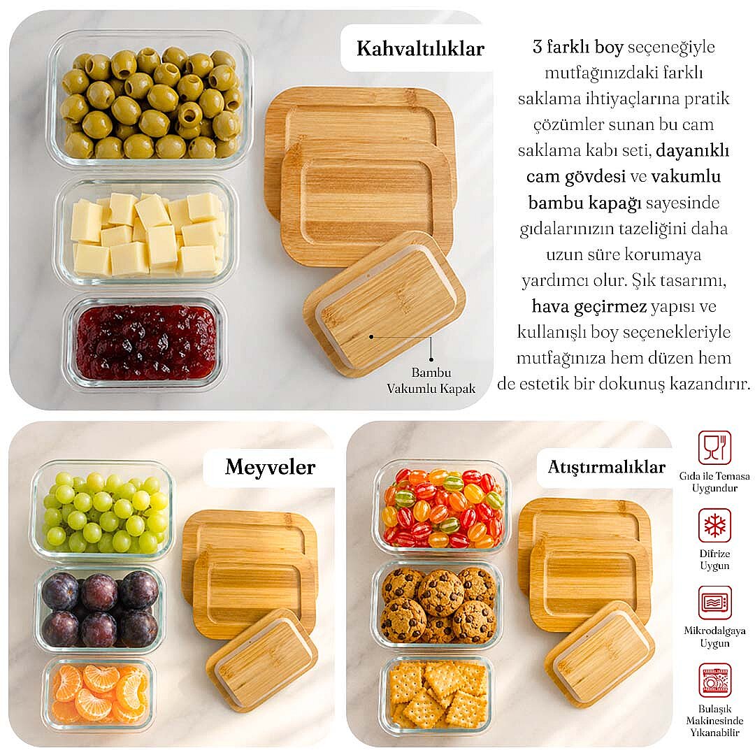 3lü Bambu Kapaklı Cam Saklama Kabı Seti - Hava Almaz Vakumlu Borcam Yemek Kase Seti Difriz Uyumlu - 2