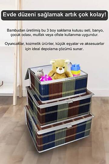 3lü Bambu Kapaklı Saklama Kutusu Seti – Çok Amaçlı Dekoratif Düzenleyici Sepet & Oyuncak Kutusu - 2
