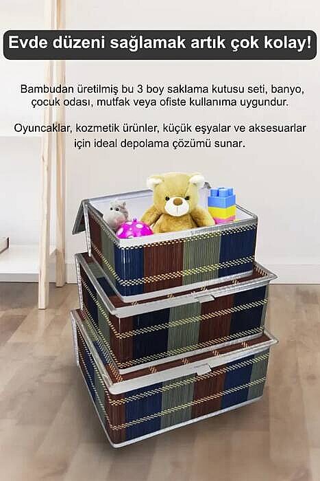3lü Bambu Kapaklı Saklama Kutusu Seti – Çok Amaçlı Dekoratif Düzenleyici Sepet & Oyuncak Kutusu - 2