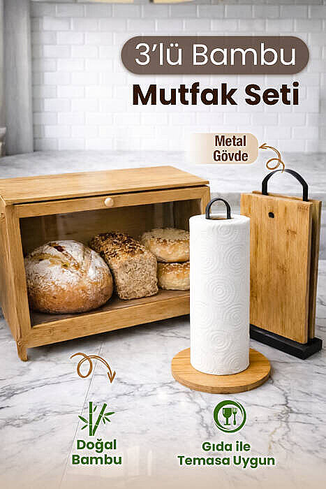 3lü Bambu Mutfak Seti - Tezgah Üstü Düzenleyici Ekmeklik Metal Standlı Kesim Panosu Kağıt Havluluk - 1