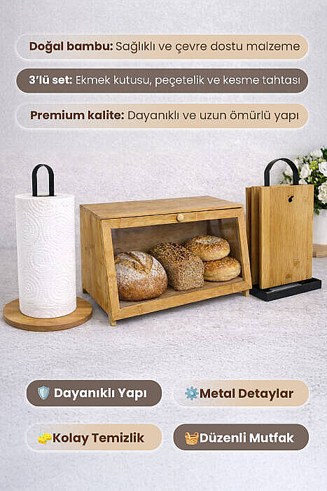 3lü Bambu Mutfak Seti - Tezgah Üstü Düzenleyici Ekmeklik Metal Standlı Kesim Panosu Kağıt Havluluk - 2