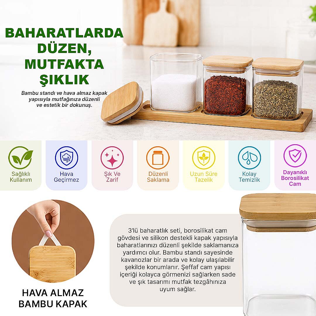 3’lü Bambu Standlı Baharatlık Seti - Hava Almaz Kapaklı Borosilikat Kare Cam Baharat Saklama Kabı - 2