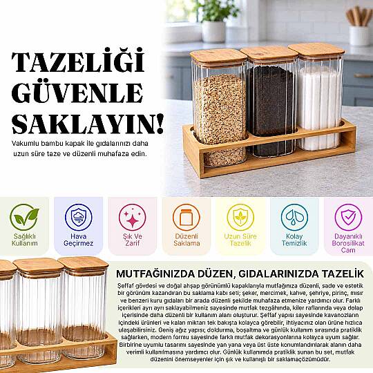 3'lü Bambu Standlı Cam Erzak Kavanozu Seti – Vakumlu Bambu Kapaklı Baharatlık Saklama Kabı - 2
