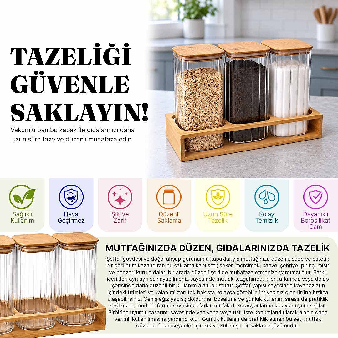 3'lü Bambu Standlı Cam Erzak Kavanozu Seti – Vakumlu Bambu Kapaklı Baharatlık Saklama Kabı - 2