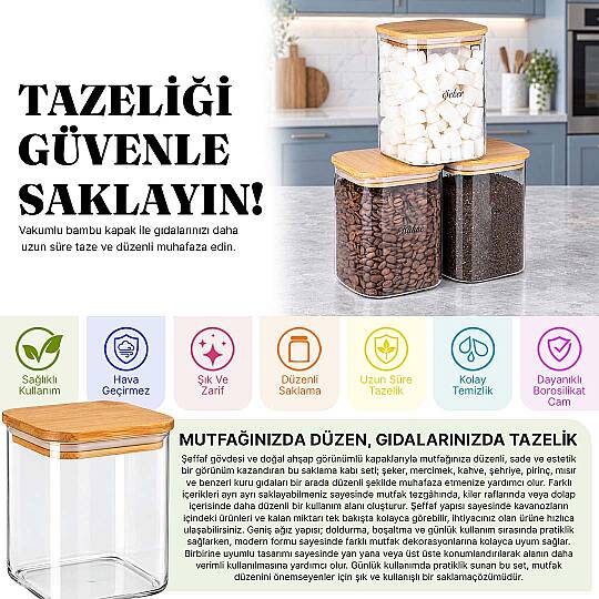 3'lü 1000 ml Borosilikat Cam Çay Kahve Şeker Kavanozu – Bambu Vakum Kapaklı Erzak Saklama Kabı Seti - 2