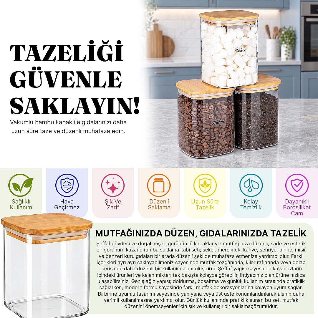 3'lü 1000 ml Borosilikat Cam Çay Kahve Şeker Kavanozu – Bambu Vakum Kapaklı Erzak Saklama Kabı Seti - 2