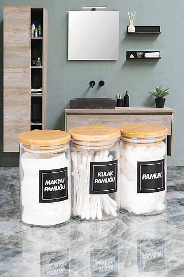 3'lü 250 ml Bambu Vakum Kapaklı Pamukluk Seti – Kulak Pamuğu Makyaj Pamuğu ve Pamuk Saklama Kavanozu