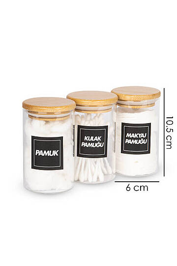 3'lü 250 ml Bambu Vakum Kapaklı Pamukluk Seti – Kulak Pamuğu Makyaj Pamuğu ve Pamuk Saklama Kavanozu - 2