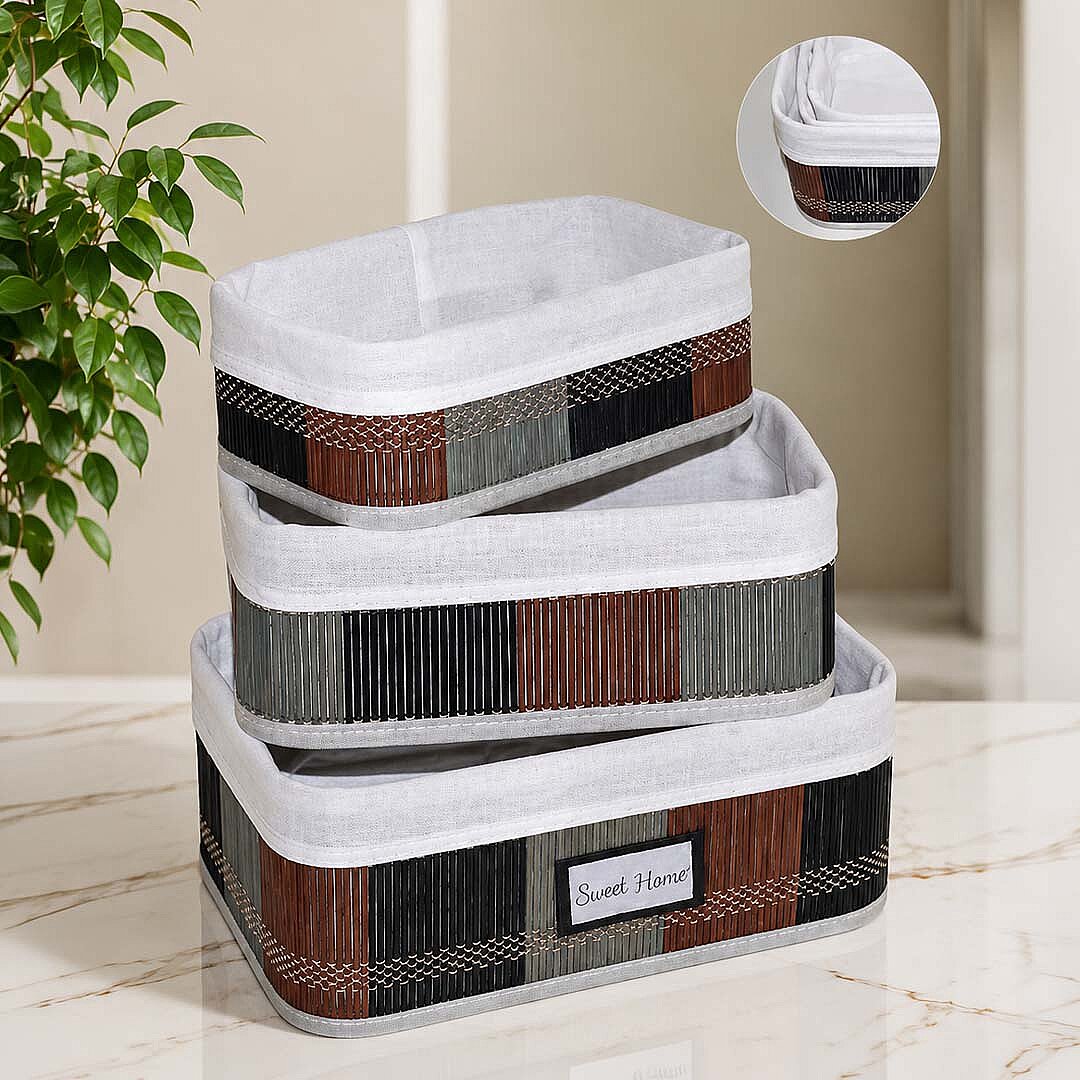 3lü Desenli Bambu Saklama Sepeti – Naturel Astarlı Çok Amaçlı Düzenleyici Banyo Kozmetik Organizeri - 1