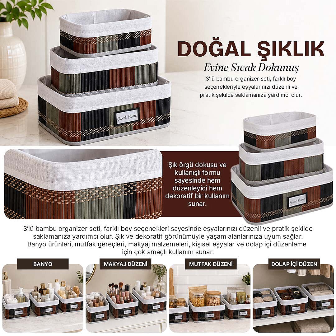 3lü Desenli Bambu Saklama Sepeti – Naturel Astarlı Çok Amaçlı Düzenleyici Banyo Kozmetik Organizeri - 2