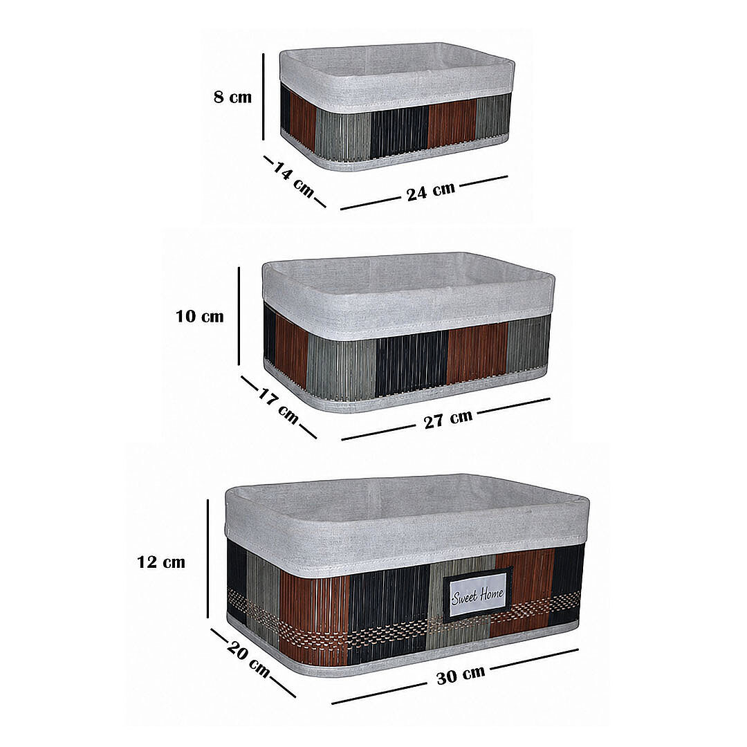 3lü Desenli Bambu Saklama Sepeti – Naturel Astarlı Çok Amaçlı Düzenleyici Banyo Kozmetik Organizeri - 3