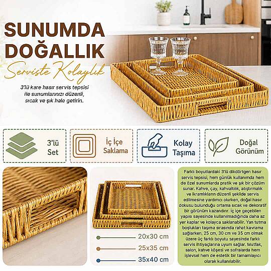 3'lü Dikdörtgen Hasır Servis Sunum Tepsisi – Dekoratif Çok Amaçlı Kahvaltı İkram Tepsi Seti - 2